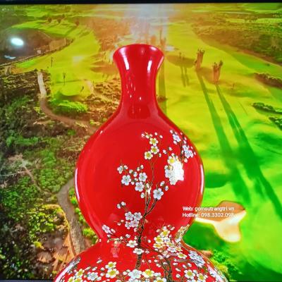 Bình Hồ Lô Men Đỏ - Hoạ Tiết Chim Hoa Đào - Gốm Sứ Trung Quốc